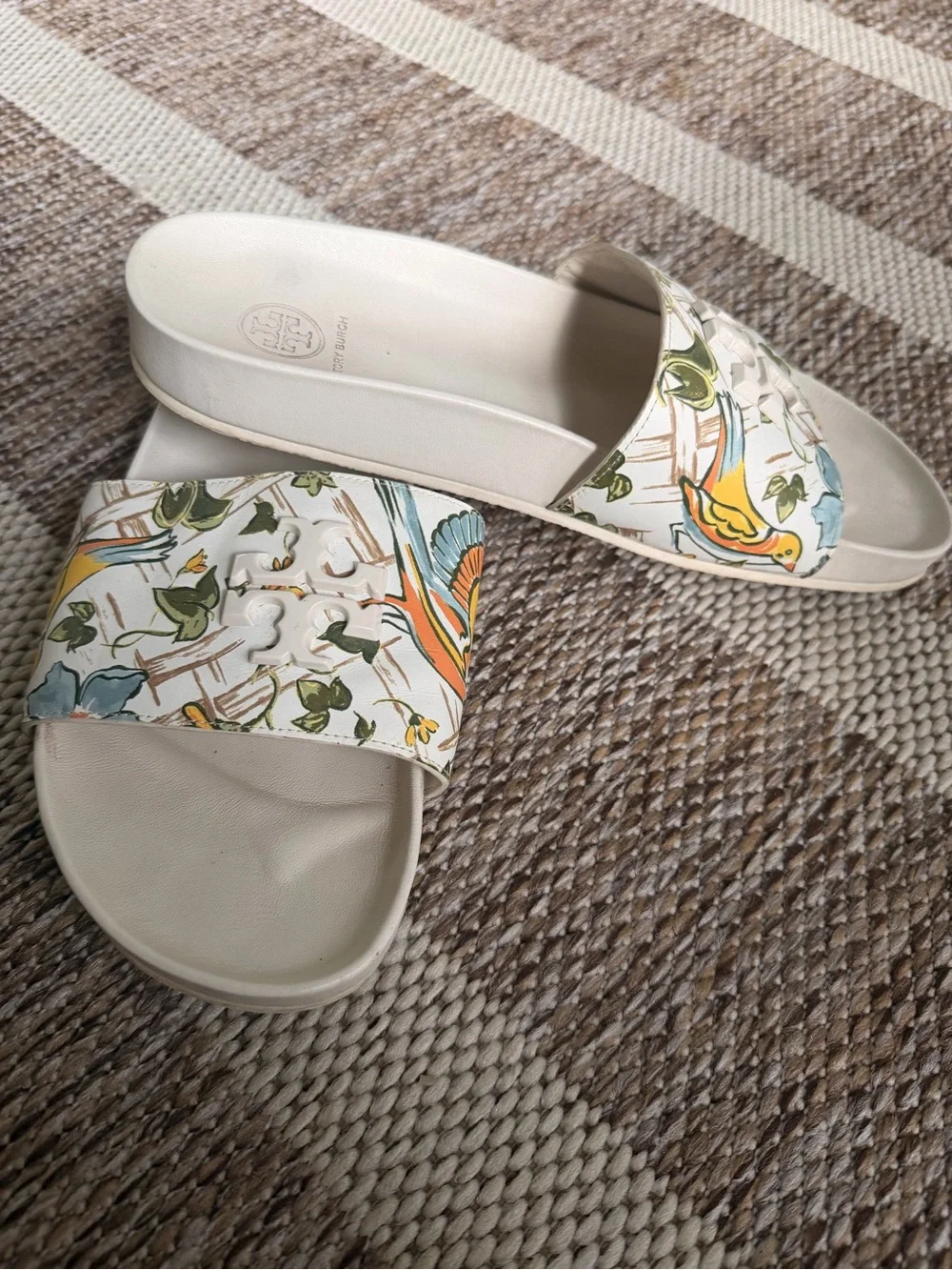 Tory Burch Cream Floral Print Slide Sandals